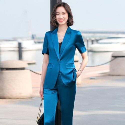 IZICFLY New Style Summer Purple Short Sleeve Slim Elegant Business 2 Piece Set Women Work Wear Blazer And Pants Office Suit Blue