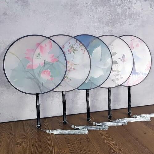 Chinese Style Round Fan with Wooden Handle Portable Printed Vintage Fan Dance Wedding Favors