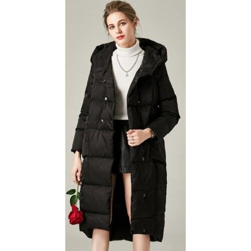 Women newest hooded long duck down jacket female fashion casual loose warm coat lady double breasted popular thickened jackets