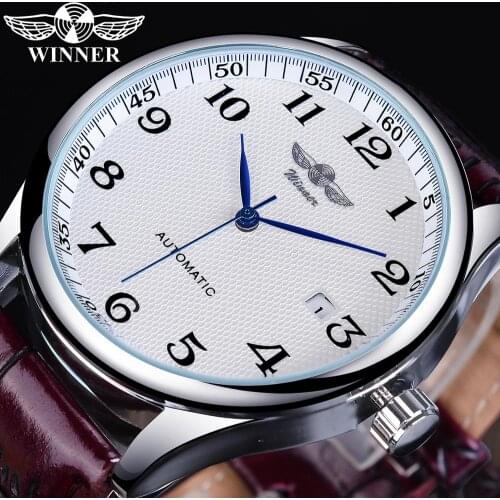 Winner Retro Classic Design Calendar Brown Belt Blue Hands Mens Fashion Automatic Mechanical Watches Top Brand Luxury Relogios