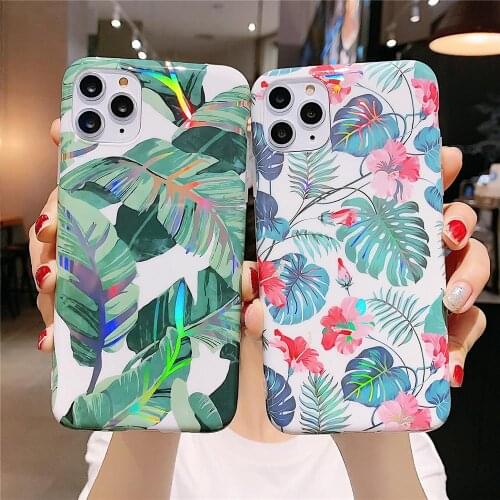 Cute Laser Glitter Rose Flower Leaves Phone Case For iPhone 12 Mini 11 Pro XS MAX XR X 6 6S 7 8 Plus SE 2 Soft Floral Back Cover