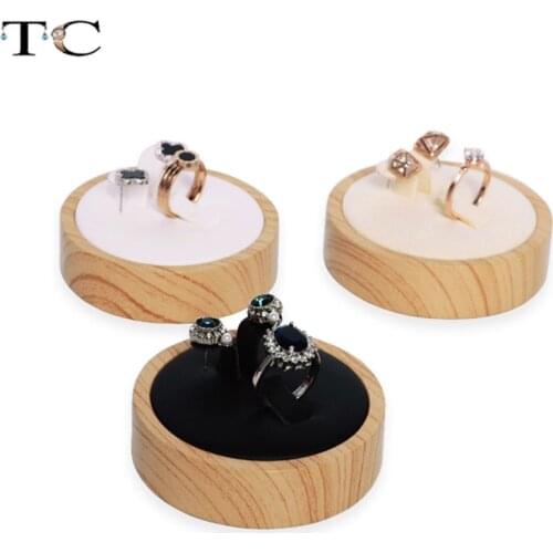 Fashion circular Cone Shape Bamboo Wood PU Leather Ring Display Holder Jewelry Display Rack Jewellery Earring Display Stand