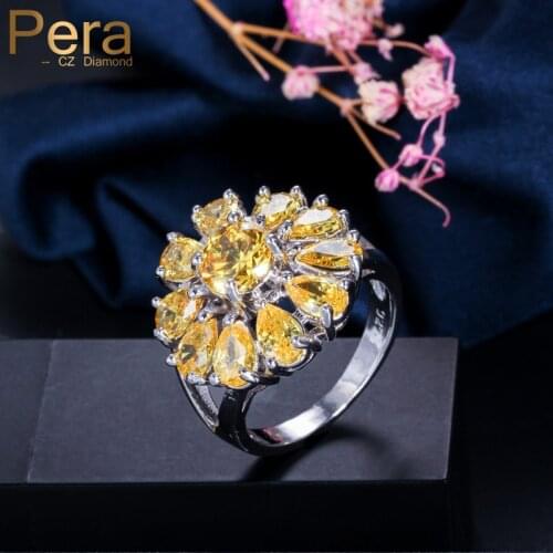 Pera Trendy Ladies 4 Color Option Silver Colour Jewelry Big Sun Flower Cubic Zirconia Party Finger Ring for Woman R026