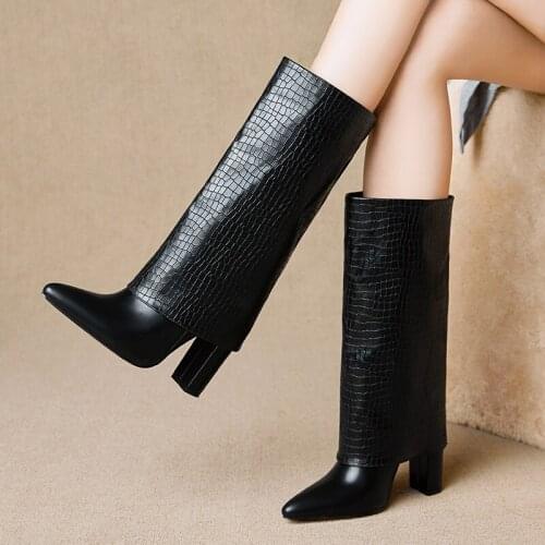 Pointed Toe Fashion European American One-Step Womens Boots Comfortable Square High Heel Mid-Calf Autumn Winter Western Boots