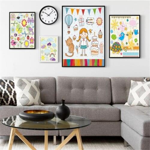 Cartoon Poster Kids Baby Room Decor Animals Bird Flower Poster Nordic Canvas Painitng Bedroom Wall Art Nursery Room Decor