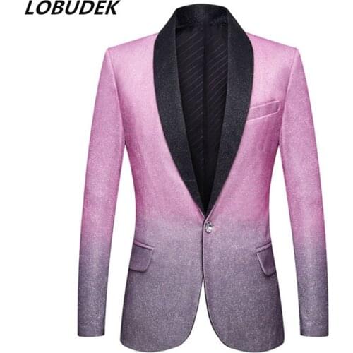 Men Formal Gradient Color Blazer Pink Gold Powder One Button Slim Suit Jacket Evening Party Host Singer Stage Performance Tuxedo
