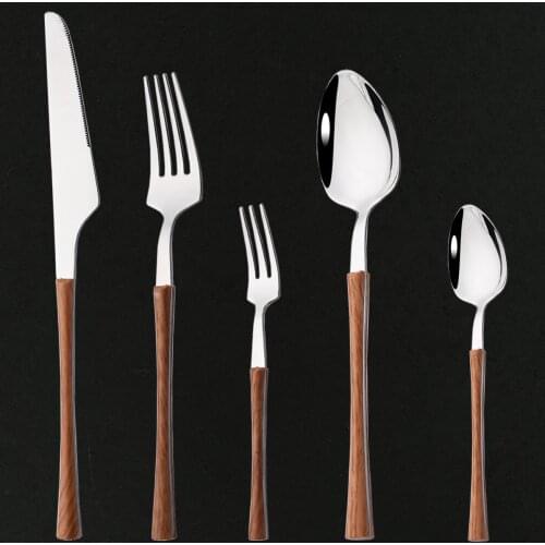 Wooden Handle Western Tableware Stainless Steel Dinnerware Cutlery Set Silver Knife Tea Fork Coffee Spoon Dinner Flatware Set