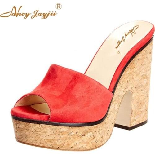 Red Cork Slippers Platform Block Heel Peep Toe Woman Shoes For Ladies Summer Outside Sexy Fashion Large Size 15 16 NANCYJAYJII
