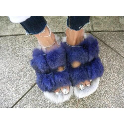 New Fashion Blue/Gray Fur Buckles Women Slip On Sandals Sexy Open Toe Ladies Flat Sandals Burgundy Fur Sandals High Quality