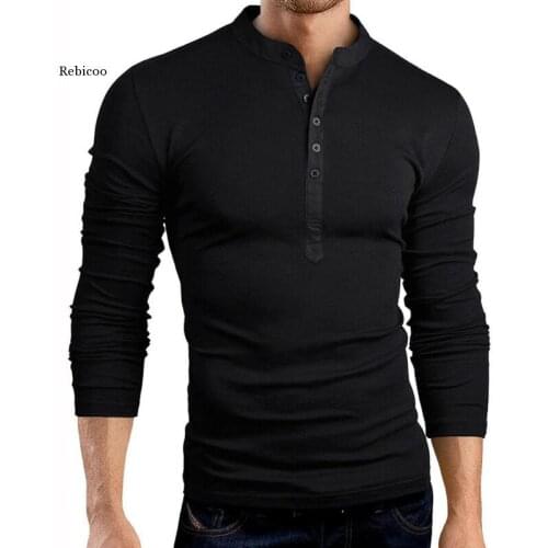 Autumn Thin Blouse Mens Slim Fit V Neck Long Sleeve Muscle Tee Shirt Casual Tops Henley Shirts Solid Color
