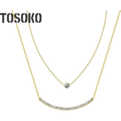 TOSOKO Stainless Steel Jewelry Smile Zircon Double Layered Necklace Womens Fashion Clavicle Chain BSP943