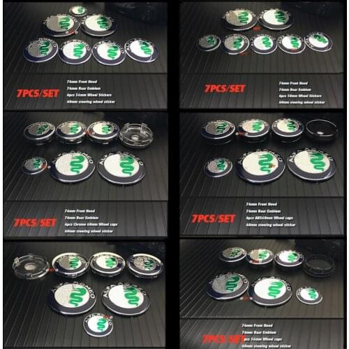 Silvery Front rear Emblem 74MM Wheel Center Cap 56MM/60MM/64MM Steering Wheel Sticker 40MM Car Styling 7pcs/lot for Alfa Romeo