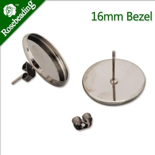 16MM stud earring,Gun Metal Black plated,earring bezels,earring blank,fit 16mm glass cabochon;sold 50pcs/lot