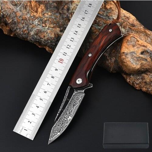 Damascus steel outdoor folding knife sharp camping self-defense knife portable tool simple wooden handle outdoor folding knife