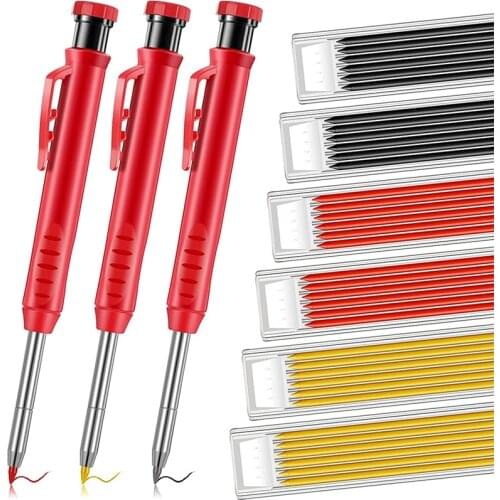 Solid Carpenter Pencils and 36 Pieces Refills in 3 Colors with Built-in Sharpener for Scriber Wood Floor Marking Drawing