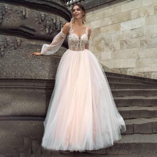 Smileven Nude Pink Puff Sleeve Princess Wedding Dress Lace Appliques Bridal GownsSoft Tulle vestido de noiva 2020