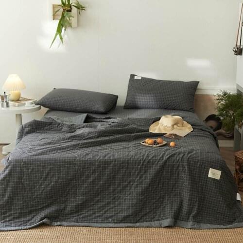 Papa&Mima Japanese Grey Plaids Summer Air Conditioning Quilt Yarn Dyed Throws Blanket Washable Cotton Plaids Twin Queen Size