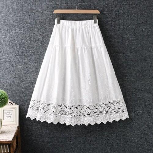 Spring Summer White Long Skirt New WomenS Japanese Sweet Elastic Waist Hollow Water-Soluble Embroidery Cotton Linen Skirt