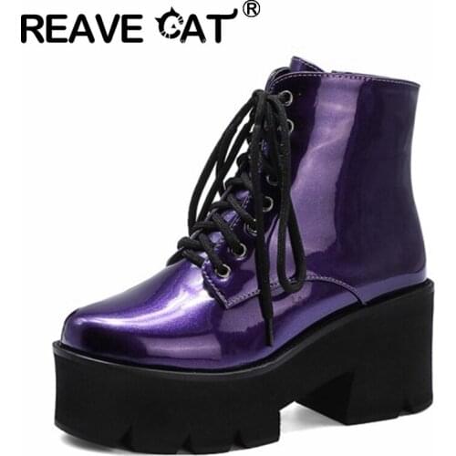 REAVE CAT New 2021 Ladies Ankle Boots Round Toe 7cm Block Heels Thick Bottom Patent Leather Zip Concise Big Size 43 A3559