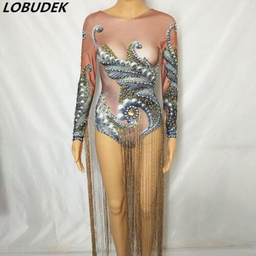 Women Performance Dance Costume Gold Long Tassels 3D Printing Bodysuit Elastic Leotard Stage Wear Bar Party Show Dancer Tights