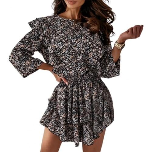 Floral Mini Dress Flying Sleeve Round Neck Leopard Print Ruffle Layered Dress Women Accessory Casual Womens Clothing 2021