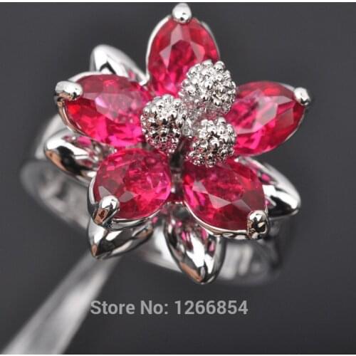 Flower Design Red Stone Cubic Zirconia Silver Color Jewelry Ring For Women Free Shipping Size 6/7/8/9/10 Z0489