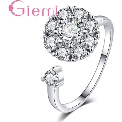 Creative Double Round Zircon Finger Rings Resizable Open Jewelry Solid Silver Clear Crystal Women Anillos Hot Sale