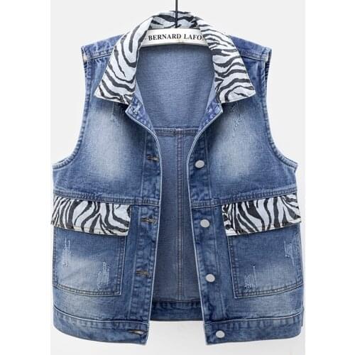 Spring Korean Big Pocket Short Denim Vest Women Waistcoat Zebra Pattern Print Splicing Jeans Vests Blue Sleeveless Jacket Female