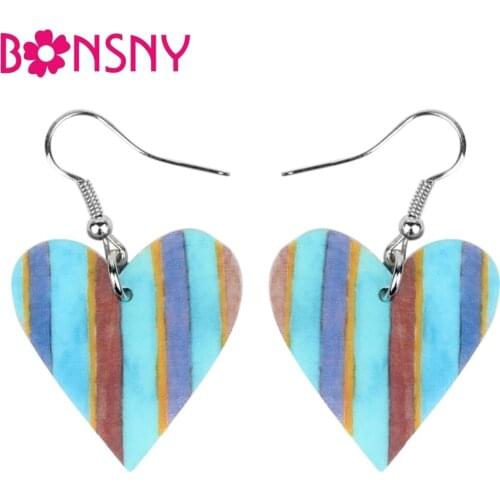 Bonsny Acrylic Valentines Day Stripe Heart Earrings Drop Dangle Fashion Cute Jewelry For Women Girls Ladies Gift Charms Brincos