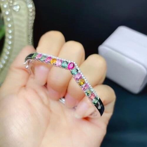 Fashion Tourmaline Bracelet for Daily Wear 3mm*4mm 100% Natural Multicolor Tourmaline Silver Bracelet 925 Silver Jewelry