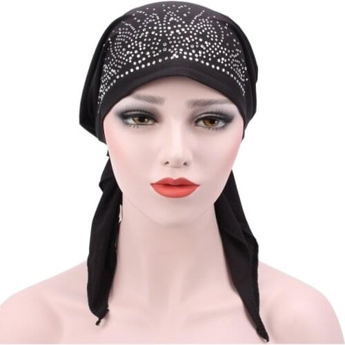 Four Seasons NEW 2021 European and American Curved Hot Rhinestone 12 Color Muslim Milk Silk Cap