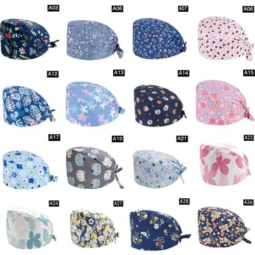 Unisex Cotton Lab Work Cap Scrubs Caps Women Cartoon Printing Bandage Adjustable Cap Laboratory Pet Shop Nursing Hat