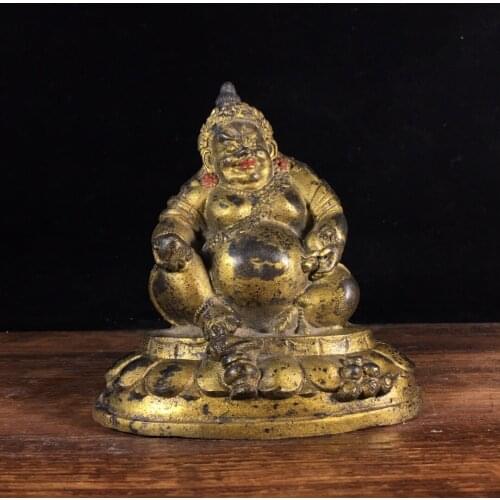 4"Chinese temple collection Old Bronze Cinnabar Lacquer Yellow God of Wealth Buddha Statue Huang Caishen Sitting Buddha Ornament