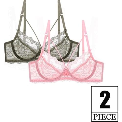 2 Pieces Sexy Bras For Women Big Breast Mesh Underwear Brassiere Female Plus Size Large C D E Cup Ladies Push Up Lace Bra Top