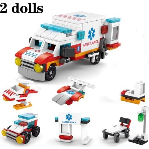 122PCS 6 IN 1 Building Blocks Engineer Set City DIY Construction Team Truck Crane Ambulance Bricks Educational Toys for Children