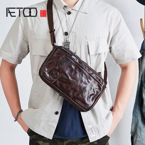 AETOO Boys leather messenger bag, versatile mens shoulder bag, trendy retro mens bag