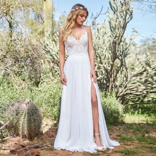 Boho V Neck Appliques Lace Wedding dress Chiffon Side Split Princess Wedding Gown Custom Made Bride Dress 2021