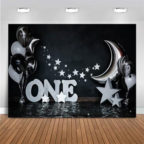 Mocsicka 1st One Birthday Party Backdrop Baby Portrait Photography Background Cake Smash Photo Background Star Moon Balloon Prop