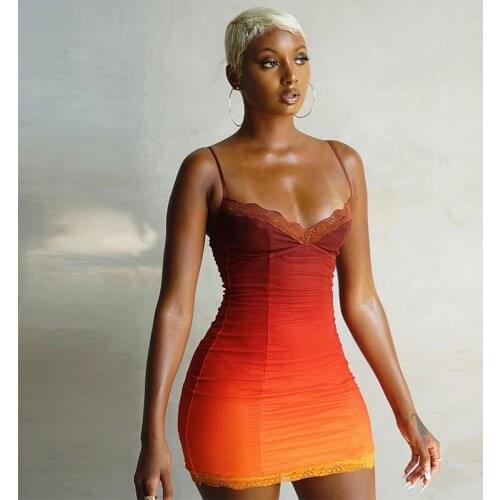 ZLDRESS Fashionable Gradient Color Bodycon Women Mini Dress Sexy Lace Party Clubwear 2021 Spaghetti Straps Casual Street Clothes