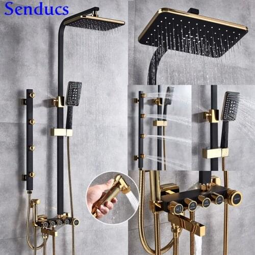 Senducs Black Gold Shower Set Luxury Brass Bathroom Shower Faucet Fashion Chest Spray Bath Shower System Brass Bath Bidet