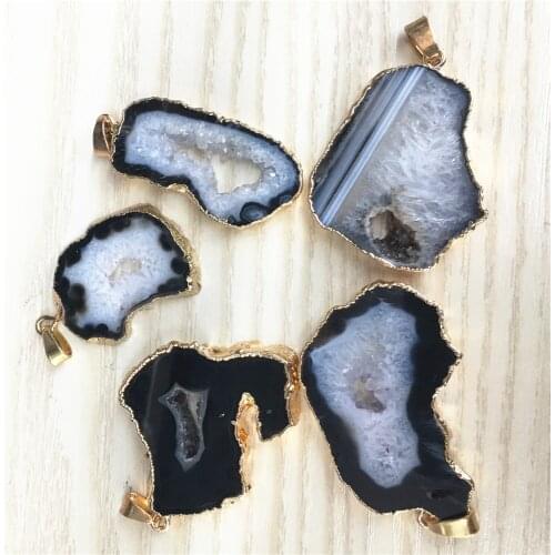 Natural Stone Brazilian Electroplated Edged Slice Open Black Agates Pendant Geode Drusy Druzys For Women Necklace jewelry Making