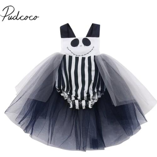 2018 Brand New Halloween Toddler Baby Girls Romper Dress Sleeveless Cartoon Smile Striped Lace Patchwork Jumpsuits Chiffon Dress