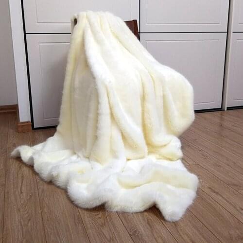 American style big size beige white feather artificial fur bed blanket, sofa cover, pet blankets ,artificial mink fur blanket