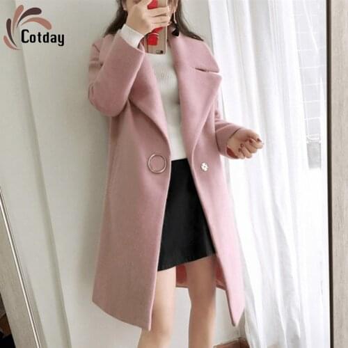 Cotday Wool Pink Single Button Casual Fashion Winter Warm Spande Office Style Lady Adjustable Clothes Elegant Woolen Blend Coat