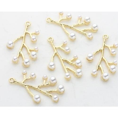 6pcs/pack Zinc Alloy Charms Golden Imitation Pearls Branch Flowers Charms Pendants For DIY Fashion Jewelry Making Accessories