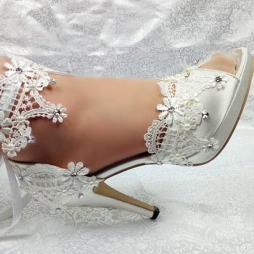 Bride Wedding Shoes Women Open Toe Party Dress Shoes 2021 Lace White Flower Ladies High Heel Pumps Thin Heels Princess shoes