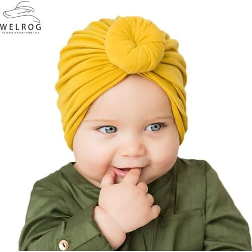WELROG New Donut Knot Baby Hats Soft Breathable Cotton Cloth Solid Children Caps Simple Red Yellow Turban Cap