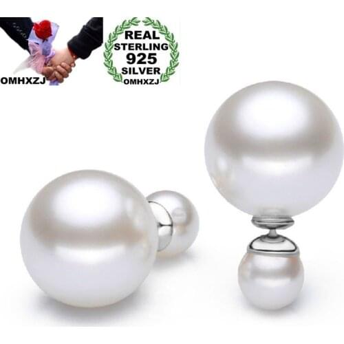OMHXZJ Wholesale European Fashion Woman Girl Party Wedding Gift White Two Pearls S925 Sterling Silver Stud Earrings EA168
