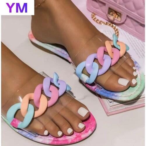 2021 PVC Summer New Women Slippers Transparency Flat Sandals Open Toe Slippers Fashion Chain Outdoor Beach Vacation Plus Size 43