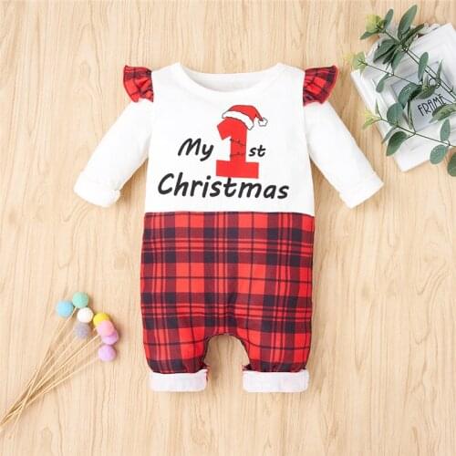 Newborn Baby Christmas Romper with Ruffle Infant Letter Plaid Print Long Sleeve Jumpsuit for Winter Fall